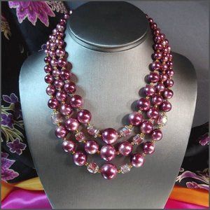 1940s Vintage Satin Pearl Necklace Purple w Pink Crystals